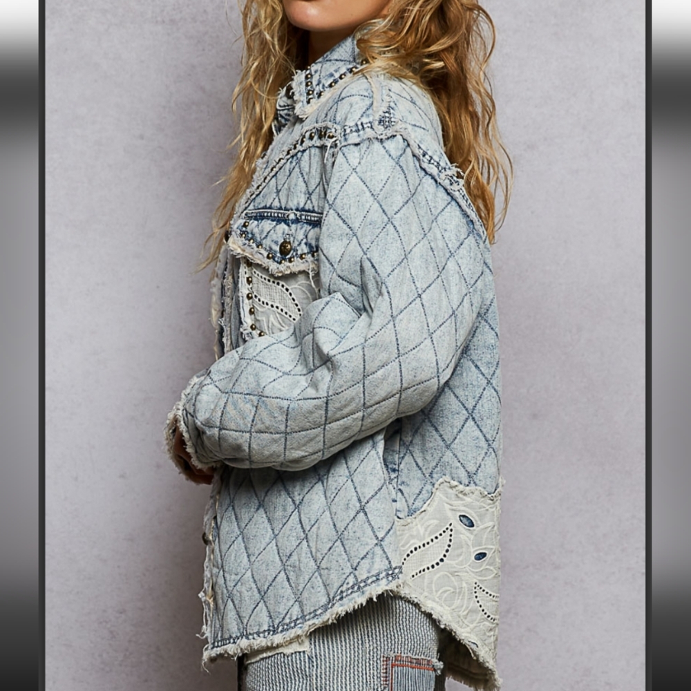 POL Light Blue Quilted Denim Jacket Western Inspired Studs & Eyelet Detail